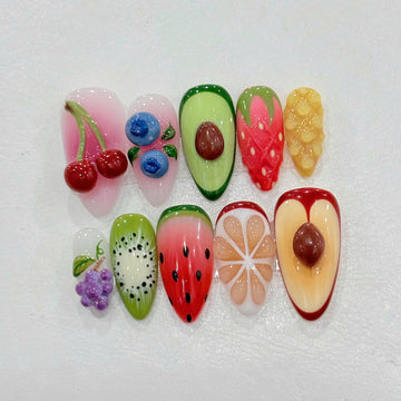 Tutti Frutti | Handmade 3D Mixed Cherry Avocado Fruit Press-On Nails