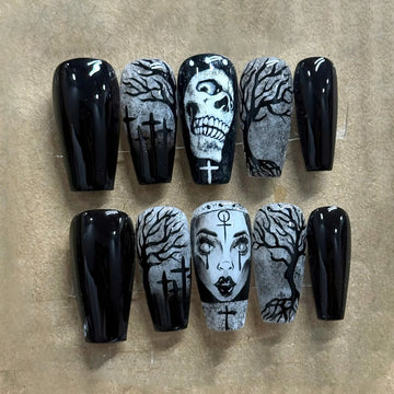Unholy Ground | Handmade Macabre Skull Nun Graveyard Silhouette Press-On Nails