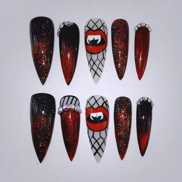 Vampire Fangs | Handmade Red Black Cat Eye Press-On Nails
