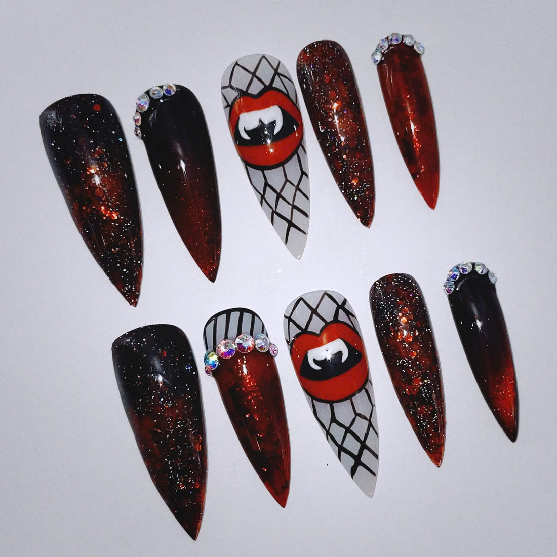 Vampire Fangs | Handmade Red Black Cat Eye Press-On Nails