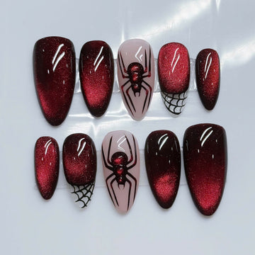 Vampire Web | Handmade Spooky Spiderweb Red Cat Eye Burgundy Press-On Nails