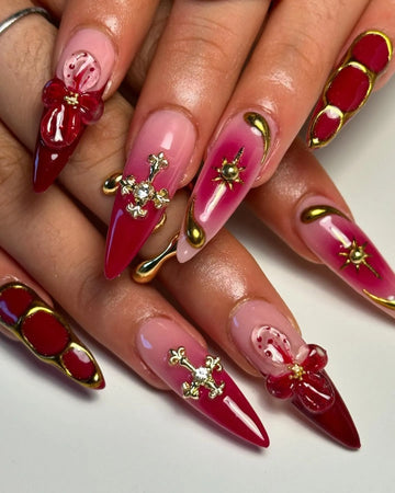 Vampiric Rose | Handmade Red Aura 3D Gold Cross Gothic Press-On Nails