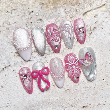 Velvet Bow | Handmade 3D Pink Bow Butterfly Cat Eye Silver Floral Press-On Nails
