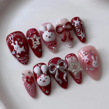 Velvet Bunny | Handmade Red Y2K 3D Bunny Silver Bow Press-On Nails