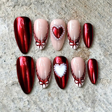 Velvet Romance | Handmade Valentine Red Chrome French Pearl Bow Press-On Nails