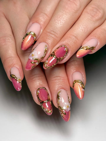Velvet Rose | Handmade 3D Gold Floral Pink Cat Eye Press-On Nails