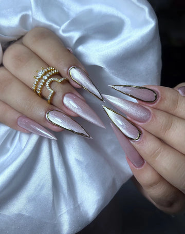 Velvet Rose | Handmade Elegant Pink Cat Eye Gold Chrome Press-On Nails