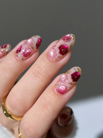 Velvet Rose | Handmade Pink Red Cat Eye Floral Press-On Nails