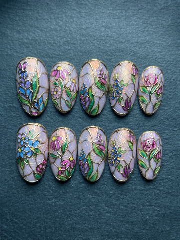 Vintage Mosaic | Handmade Floral Stained Glass Gold Line Press-On Nails