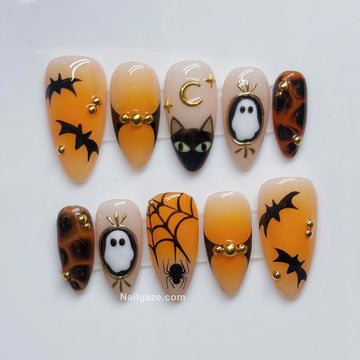 Vintage Spook | Handmade Orange Tortoiseshell Black Cat Ghost Press-On Nails