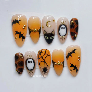 Vintage Spook | Handmade Orange Tortoiseshell Black Cat Ghost Press-On Nails