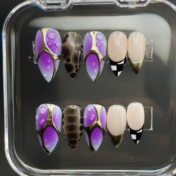Violet Haze | Handmade Purple Aura Abstract Checkered Gel Press-On Nails