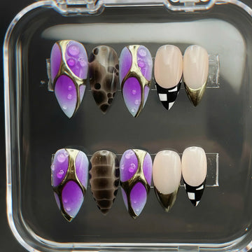 Violet Haze | Handmade Purple Aura Abstract Checkered Gel Press-On Nails