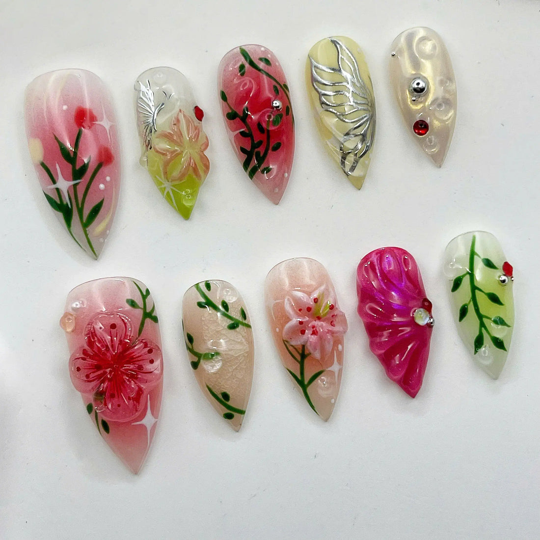 Watercolor Butterfly | Handmade 3D Pink Floral Gel Press-On Nails