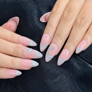 Winter Starlight | Handmade Silver Glitter French Tip Sparkling Star Press-On Nails