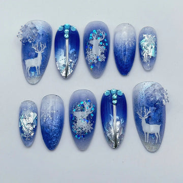 Winter Wonderland | Handmade Icy Blue Reindeer Press-On Nails