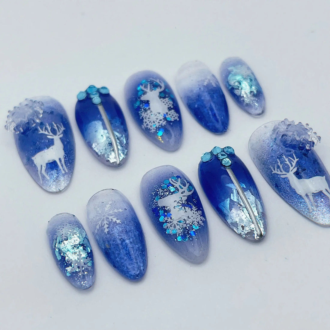 Winter Wonderland | Handmade Icy Blue Reindeer Press-On Nails