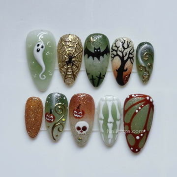 Witchy Graveyard | Handmade Sage Green Copper Ghost Skeleton Press-On Nails